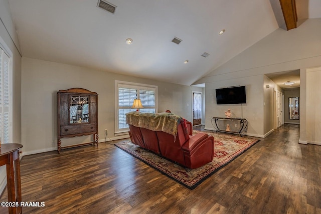 115 Hiawatha Rd, Lafayette, LA 70501 - living room with wood finished floors, beamed ceiling, baseboards, and high vaulted ceiling