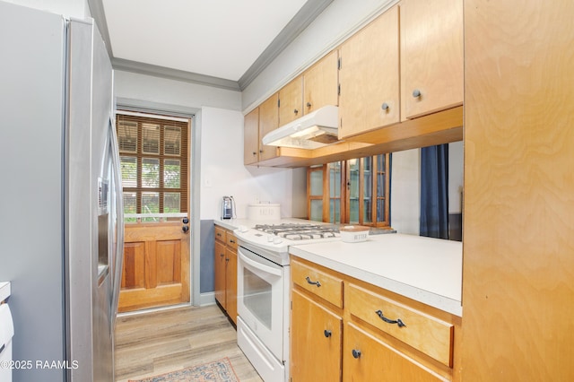 102 Lucas Cir, Lafayette, LA 70508 - kitchen with white gas stove, stainless steel refrigerator with ice dispenser, under cabinet range hood, light wood-style flooring, and light countertops