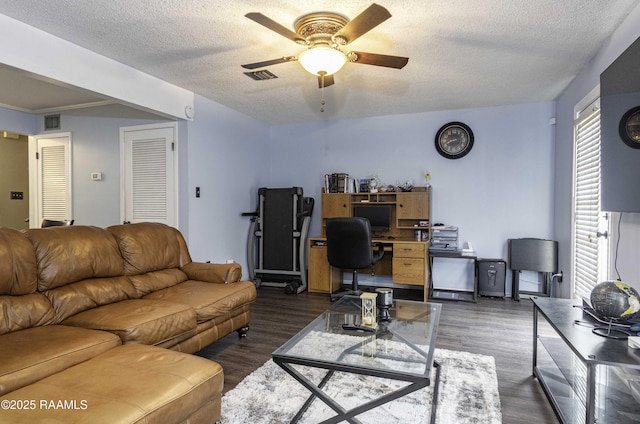 16 Heather Row, Lafayette, LA 70507 - living room featuring ceiling fan, an office area, a textured ceiling, and wood finished floors