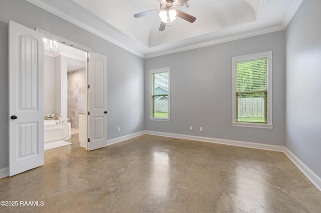 203 Sanctuary Ln, Lafayette, LA 70503 - spare room with finished concrete flooring, a tray ceiling, a ceiling fan, baseboards, and ornamental molding