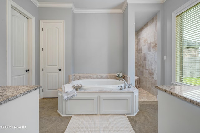 203 Sanctuary Ln, Lafayette, LA 70503 - bathroom with a garden tub, crown molding, vanity, and a tile shower