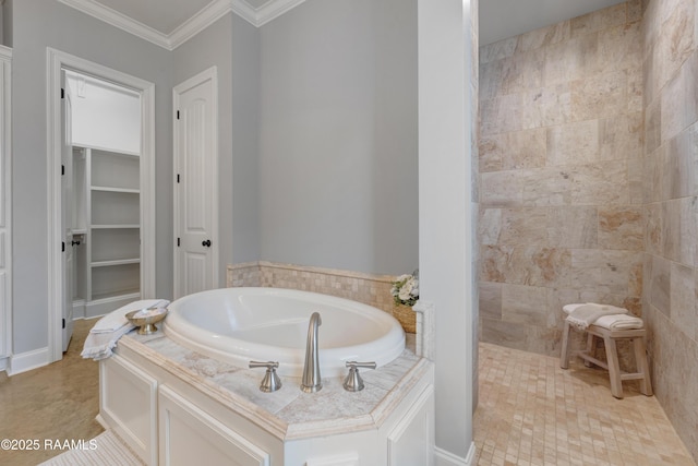 203 Sanctuary Ln, Lafayette, LA 70503 - bathroom with a bath, crown molding, a walk in shower, and a spacious closet