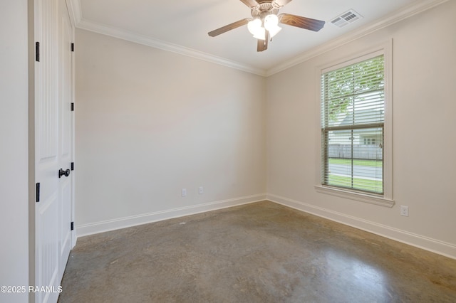 203 Sanctuary Ln, Lafayette, LA 70503 - spare room with concrete floors, ornamental molding, baseboards, and ceiling fan