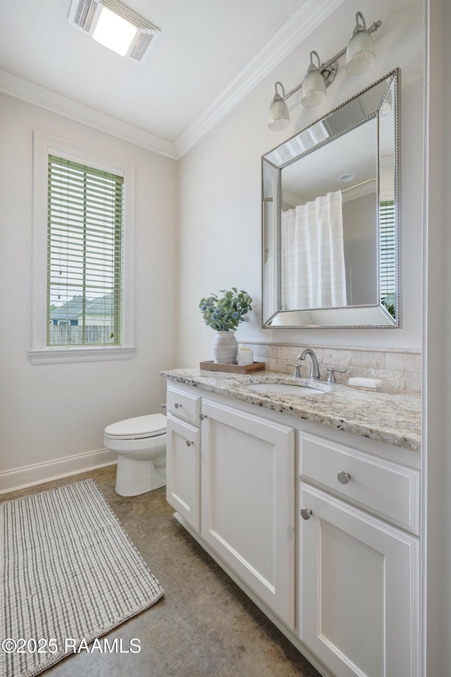 203 Sanctuary Ln, Lafayette, LA 70503 - bathroom featuring vanity, ornamental molding, toilet, and a shower with shower curtain