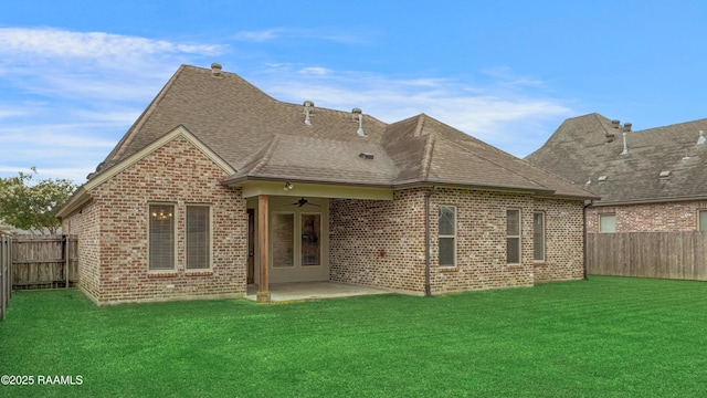 203 Sanctuary Ln, Lafayette, LA 70503 - rear view of house featuring a ceiling fan, brick siding, a patio area, and a shingled roof