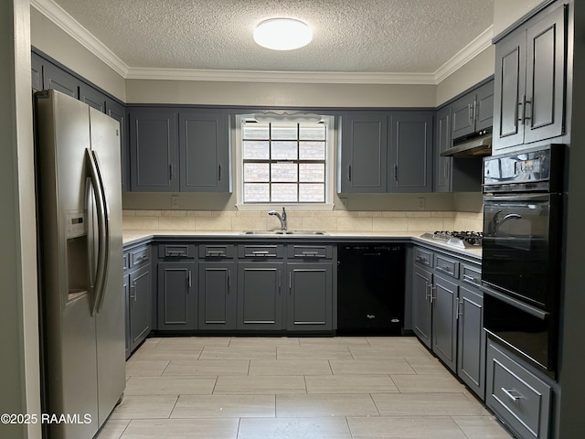 106 Dove Cir, Lafayette, LA 70508 - kitchen with black appliances, a sink, a warming drawer, under cabinet range hood, and a textured ceiling