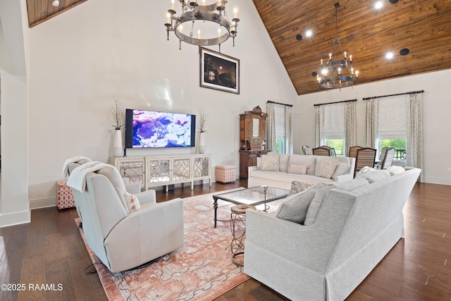 235 N Fieldspan Rd, Scott, LA 70583 - living room featuring a chandelier, high vaulted ceiling, baseboards, wooden ceiling, and wood finished floors
