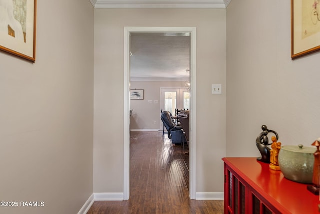 421 Karen Dr, Lafayette, LA 70503 - corridor with crown molding, dark wood-style flooring, and baseboards