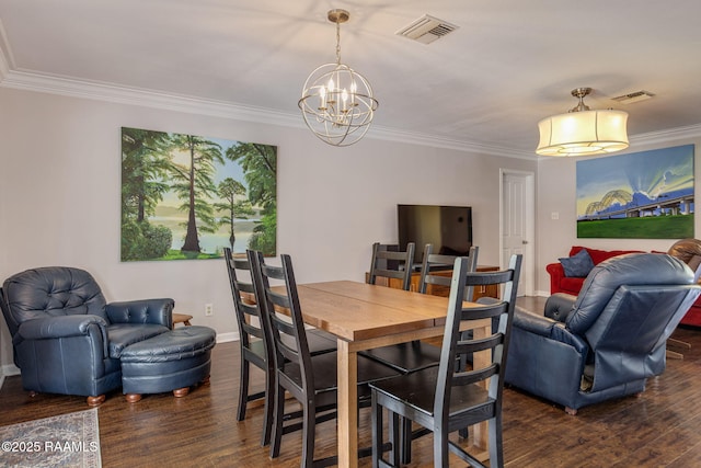 421 Karen Dr, Lafayette, LA 70503 - dining space featuring a chandelier, dark wood-type flooring, ornamental molding, and baseboards
