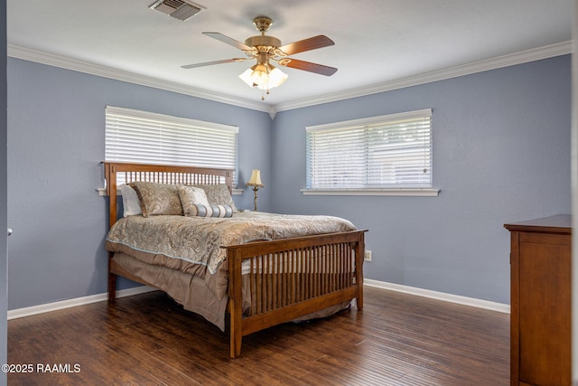 421 Karen Dr, Lafayette, LA 70503 - bedroom featuring baseboards, ornamental molding, wood finished floors, and ceiling fan