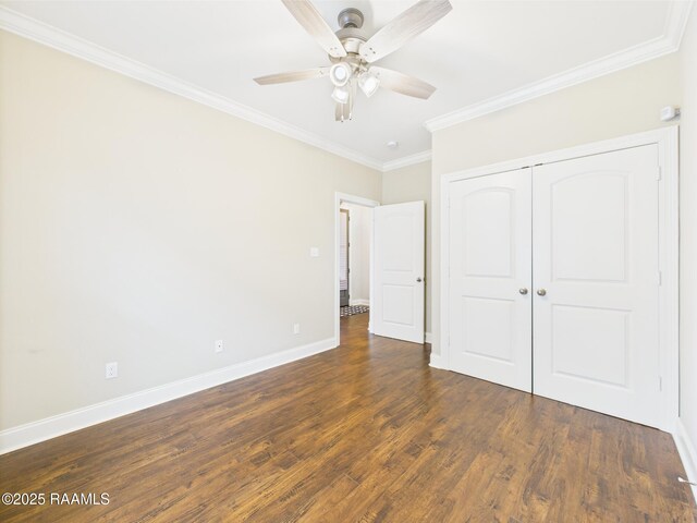 120 Old Heritage Ln, Carencro, LA 70520 - unfurnished bedroom with ornamental molding, baseboards, a closet, dark wood-style flooring, and ceiling fan