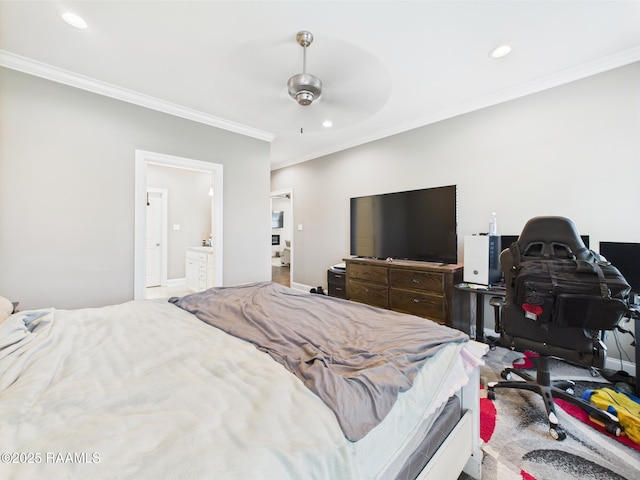 120 Old Heritage Ln, Carencro, LA 70520 - bedroom with ornamental molding, recessed lighting, ceiling fan, and ensuite bath