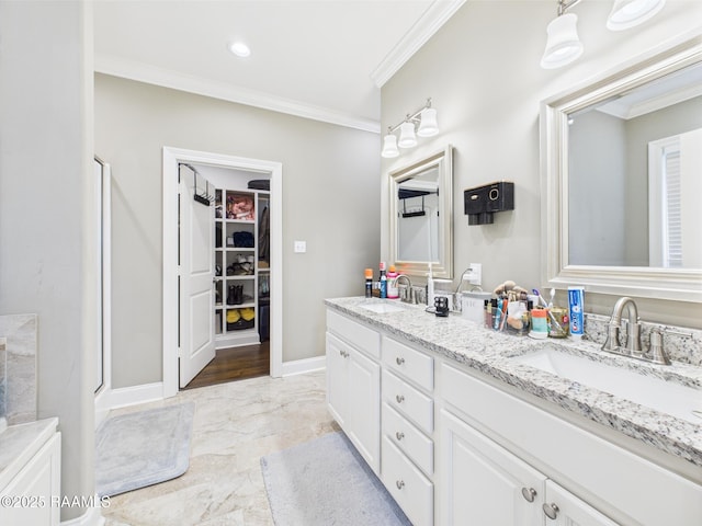 120 Old Heritage Ln, Carencro, LA 70520 - full bathroom with crown molding, double vanity, marble look tile flooring, a walk in closet, and a shower with shower door