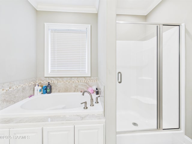 120 Old Heritage Ln, Carencro, LA 70520 - bathroom featuring a stall shower, a bath, and ornamental molding