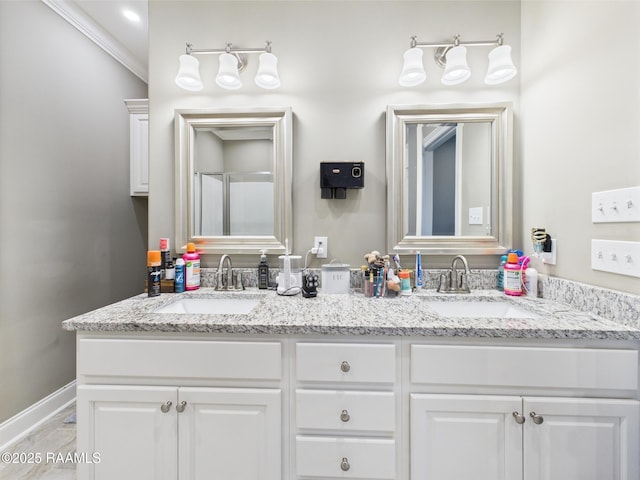 120 Old Heritage Ln, Carencro, LA 70520 - full bath featuring double vanity, baseboards, and a shower with shower door