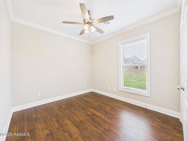 120 Old Heritage Ln, Carencro, LA 70520 - empty room with crown molding, a ceiling fan, baseboards, and dark wood finished floors