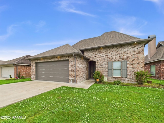 120 Old Heritage Ln, Carencro, LA 70520 - french country style house featuring a front yard, a shingled roof, an attached garage, brick siding, and driveway