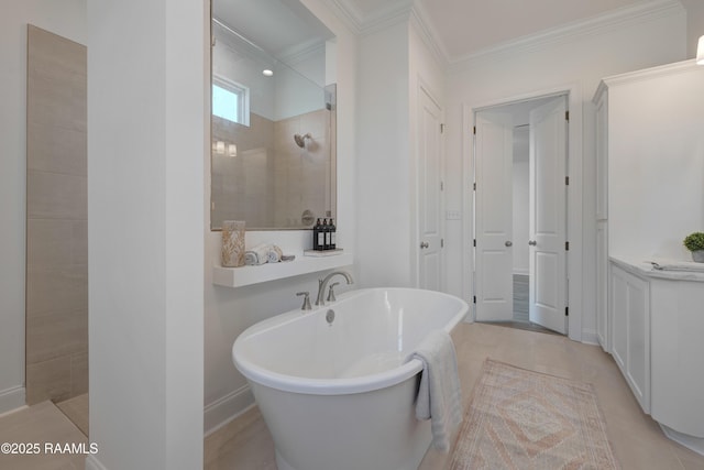 203 Redfern St, Lafayette, LA 70508 - bathroom with walk in shower, crown molding, and a soaking tub