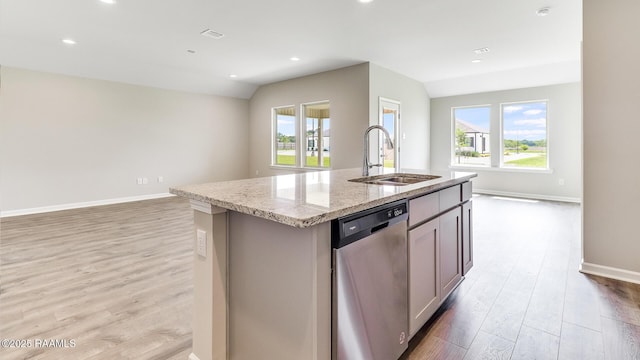 316 White Pine Dr, Lafayette, LA 70501 - kitchen with dishwasher, a sink, open floor plan, light wood-style floors, and recessed lighting