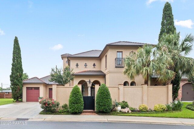 104 Avallach Dr, Lafayette, LA 70503 - mediterranean / spanish-style home featuring stucco siding, concrete driveway, a fenced front yard, and an attached garage