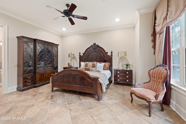 104 Avallach Dr, Lafayette, LA 70503 - bedroom featuring multiple windows, crown molding, ceiling fan, baseboards, and recessed lighting
