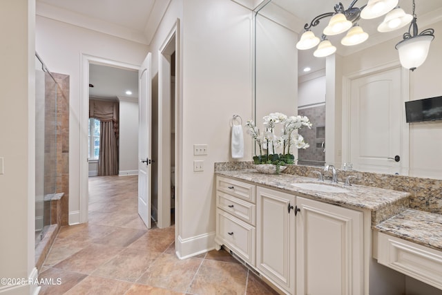 104 Avallach Dr, Lafayette, LA 70503 - full bathroom with vanity, a shower stall, baseboards, and crown molding