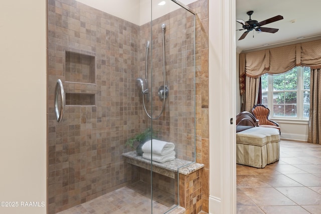 104 Avallach Dr, Lafayette, LA 70503 - full bath featuring a shower stall, tile patterned flooring, baseboards, and a ceiling fan