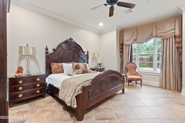 104 Avallach Dr, Lafayette, LA 70503 - bedroom with crown molding, baseboards, light tile patterned floors, a ceiling fan, and recessed lighting