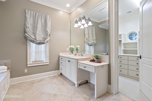 104 Avallach Dr, Lafayette, LA 70503 - full bathroom with vanity, ornamental molding, baseboards, recessed lighting, and a spacious closet