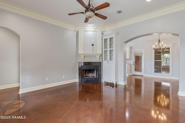 103 Swallows Pass, Carencro, LA 70520 - unfurnished living room with arched walkways, a premium fireplace, a ceiling fan, crown molding, and baseboards
