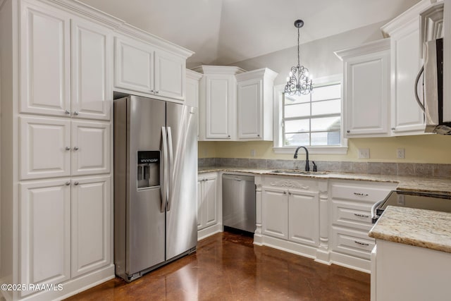 103 Swallows Pass, Carencro, LA 70520 - kitchen with appliances with stainless steel finishes, a sink, finished concrete flooring, white cabinets, and a chandelier
