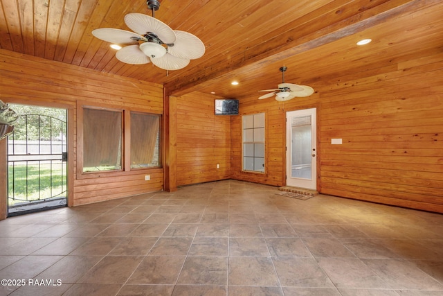 103 Swallows Pass, Carencro, LA 70520 - unfurnished room with wooden ceiling with exposed beams, ceiling fan, wood walls, and recessed lighting