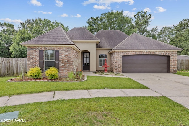 103 Swallows Pass, Carencro, LA 70520 - french country home with a garage, a shingled roof, brick siding, driveway, and stucco siding