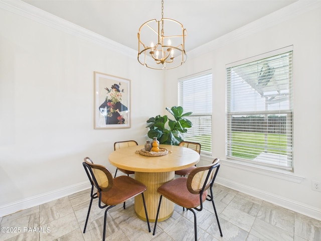 143 Melanie Rose Dr, Maurice, LA 70555 - dining space with a chandelier, baseboards, crown molding, and plenty of natural light