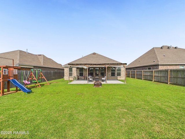 143 Melanie Rose Dr, Maurice, LA 70555 - back of house featuring a patio area, a playground, a fire pit, brick siding, and a gazebo