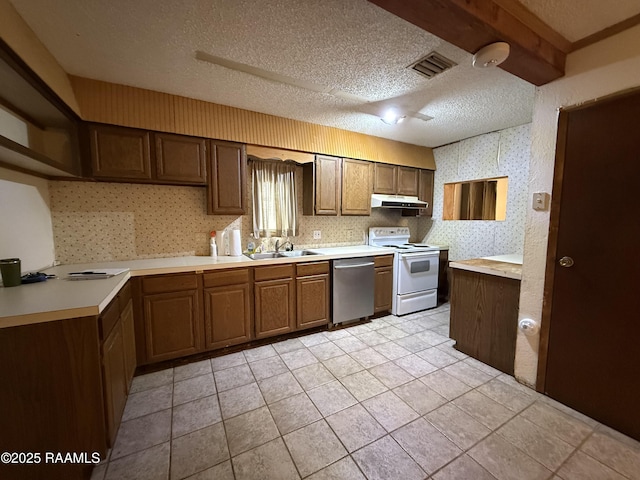 2015 Cummings St, Opelousas, LA 70570 - kitchen featuring stainless steel dishwasher, white electric range oven, under cabinet range hood, wallpapered walls, and a sink