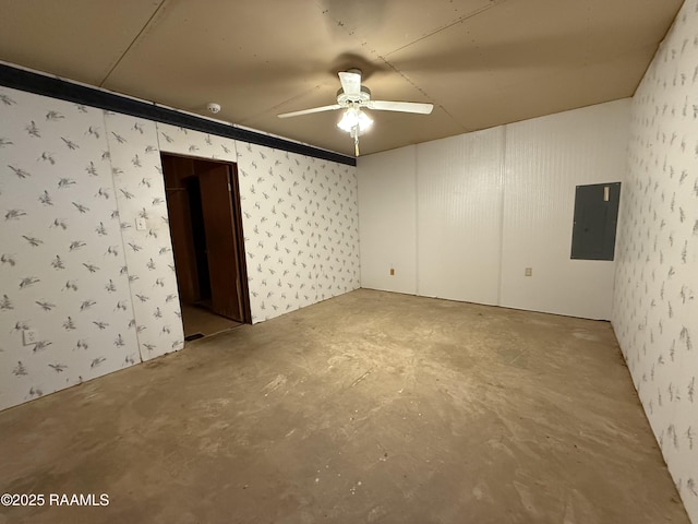 2015 Cummings St, Opelousas, LA 70570 - unfurnished room featuring electric panel, ceiling fan, concrete floors, and wallpapered walls