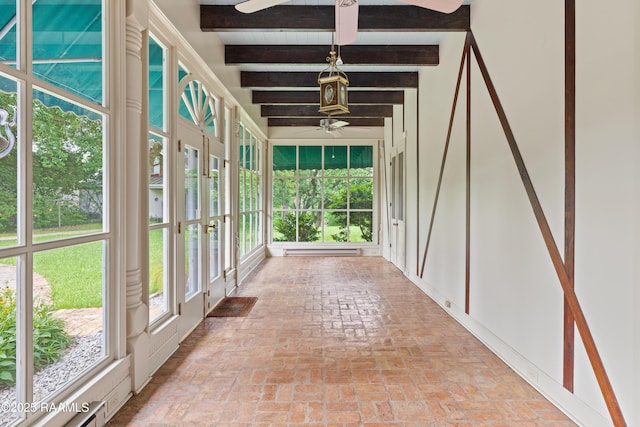 1414 E Bayou Pkwy, Lafayette, LA 70508 - unfurnished sunroom featuring brick floors, beamed ceiling, french doors, a baseboard radiator, and baseboard heating