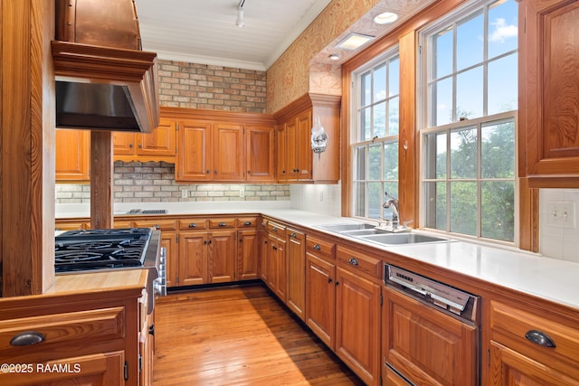 1414 E Bayou Pkwy, Lafayette, LA 70508 - kitchen with dishwasher, a sink, light wood-type flooring, exhaust hood, and brown cabinetry