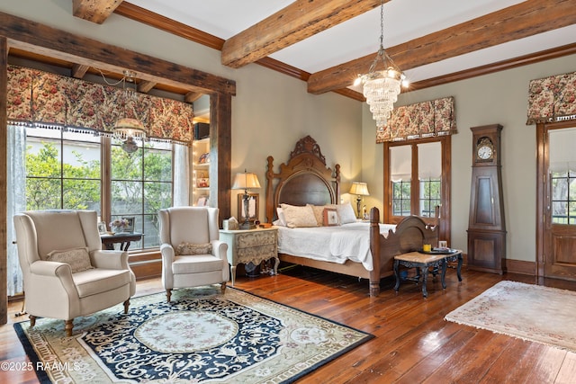 1414 E Bayou Pkwy, Lafayette, LA 70508 - bedroom with a chandelier, wood-type flooring, multiple windows, beamed ceiling, and crown molding