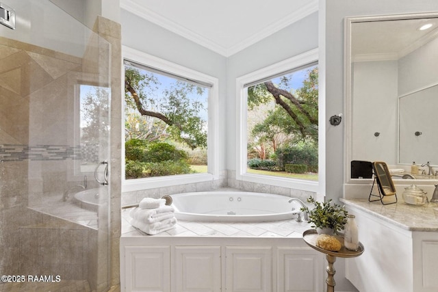 105 Oak Aly, Lafayette, LA 70508 - bathroom featuring a tub with jets, a stall shower, and ornamental molding