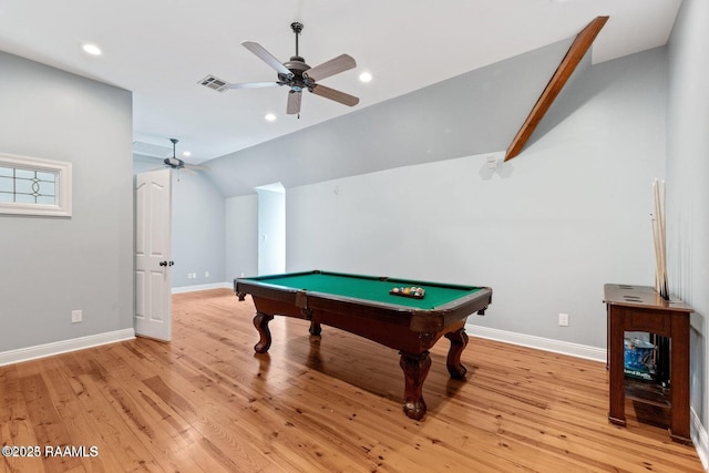 105 Oak Aly, Lafayette, LA 70508 - game room featuring lofted ceiling, billiards table, a ceiling fan, baseboards, and light wood finished floors