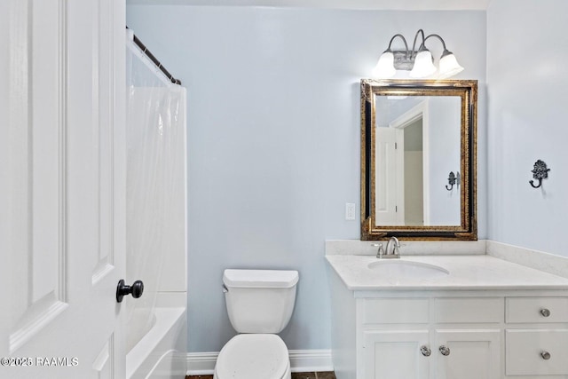 105 Oak Aly, Lafayette, LA 70508 - bathroom featuring vanity, toilet, baseboards, and shower / bath combination with curtain
