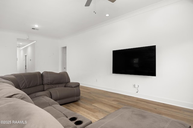 9036 Stonecroft Ave, Baton Rouge, LA 70810 - living area with ornamental molding, wood finished floors, a ceiling fan, baseboards, and recessed lighting
