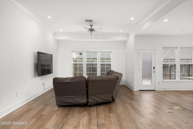 9036 Stonecroft Ave, Baton Rouge, LA 70810 - living room with ornamental molding, a ceiling fan, baseboards, wood finished floors, and recessed lighting