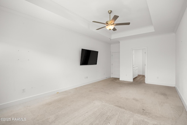 9036 Stonecroft Ave, Baton Rouge, LA 70810 - unfurnished bedroom featuring a raised ceiling, light carpet, crown molding, baseboards, and a ceiling fan