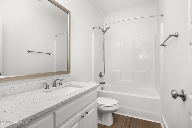 9036 Stonecroft Ave, Baton Rouge, LA 70810 - bathroom with vanity, toilet, wood finished floors, crown molding, and  shower combination