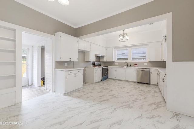 1323 Tarleton, Jeanerette, LA 70544 - kitchen with appliances with stainless steel finishes, a chandelier, under cabinet range hood, ornamental molding, and white cabinets