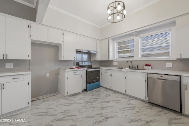 1323 Tarleton, Jeanerette, LA 70544 - kitchen featuring appliances with stainless steel finishes, under cabinet range hood, a sink, crown molding, and light countertops