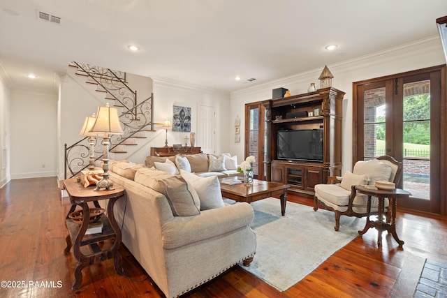 103 Masterspoint Dr, Broussard, LA 70518 - living room featuring stairway, dark wood-style floors, ornamental molding, recessed lighting, and baseboards